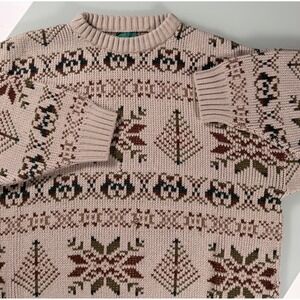VTG Canda Fair Isle Knit Crew Neck Sweater Mens M Beige Geometric Pattern Preppy
